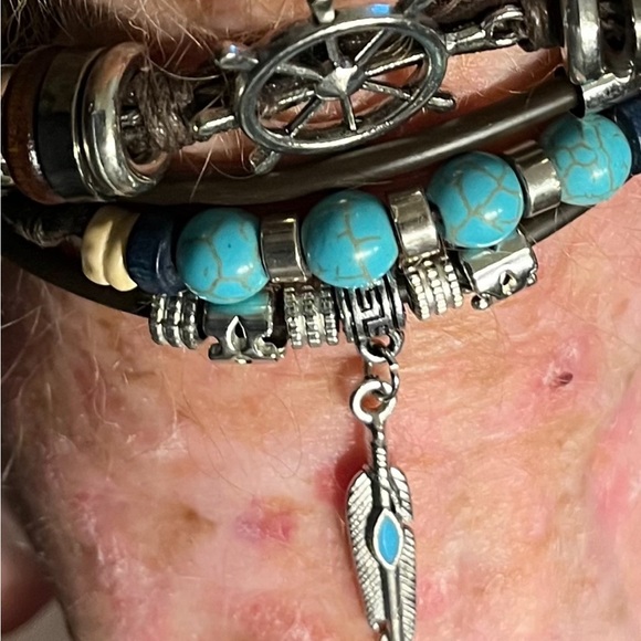 2305-PCM Turquoise, Silver, & Wooden Beads, Pendants Leather 4 Layer Bracelet - Picture 10 of 12